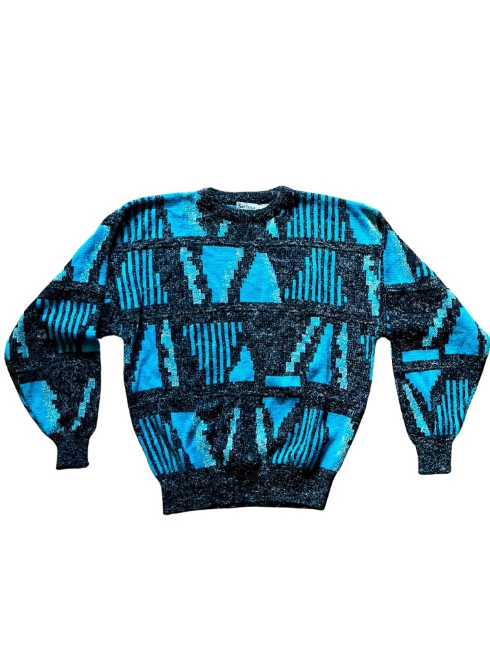 Vintage Unisex Black and Blue Graphic Sweater Jumper 80s Retro Colorful
